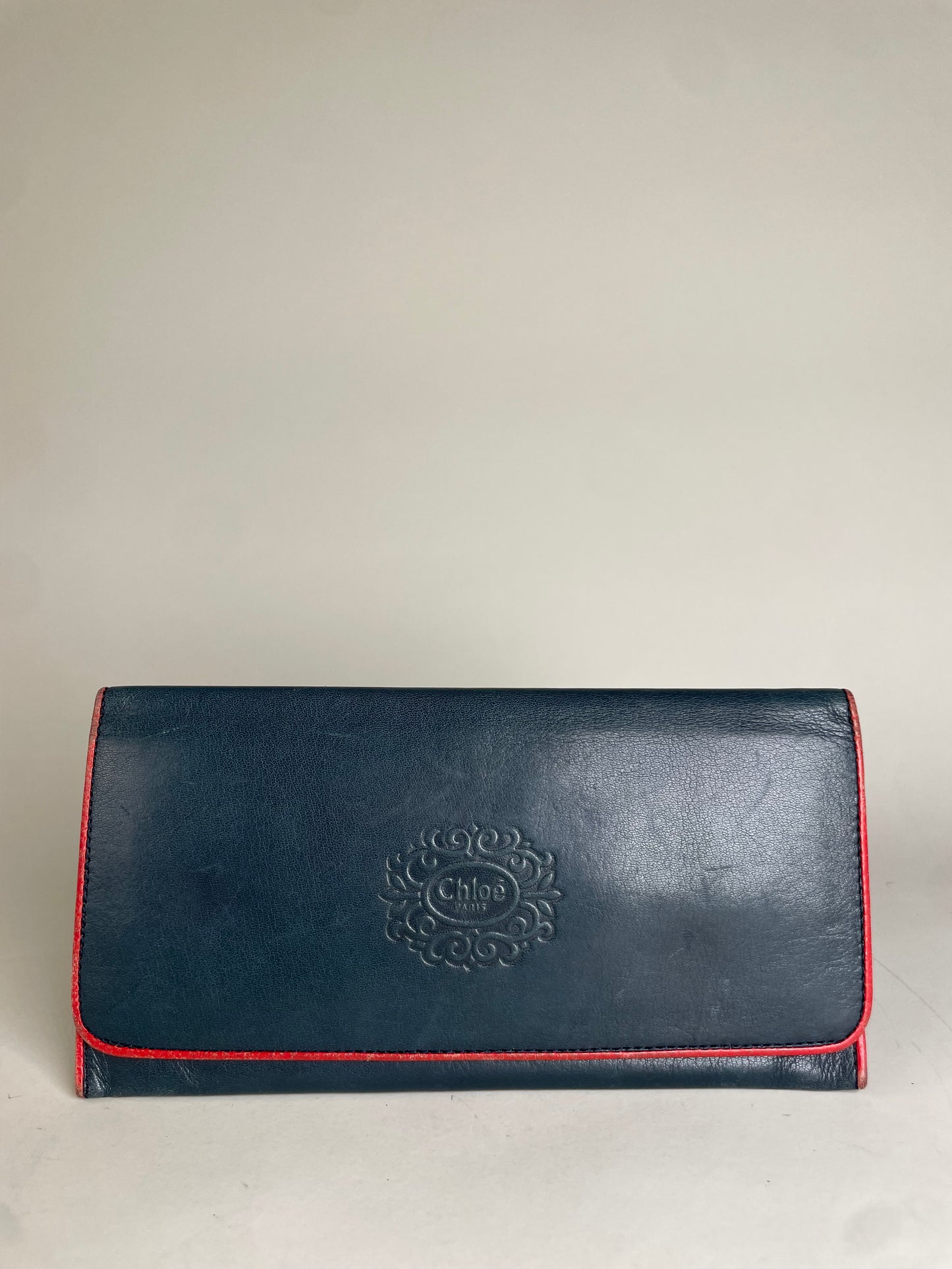 Vintage Chloe Leather Wallet Navy Red Gold-tone