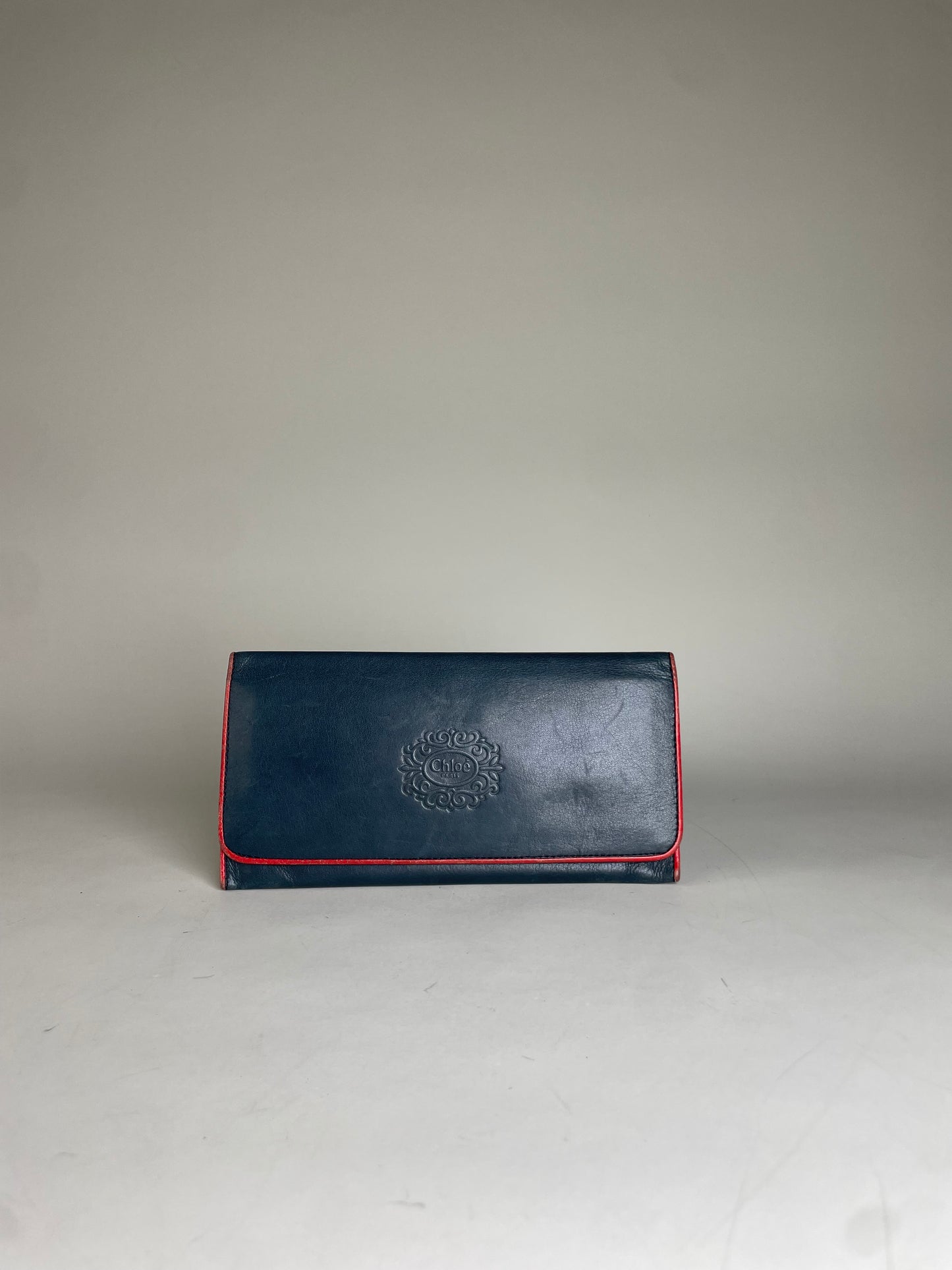 Vintage Chloe Leather Wallet Navy Red Gold-tone