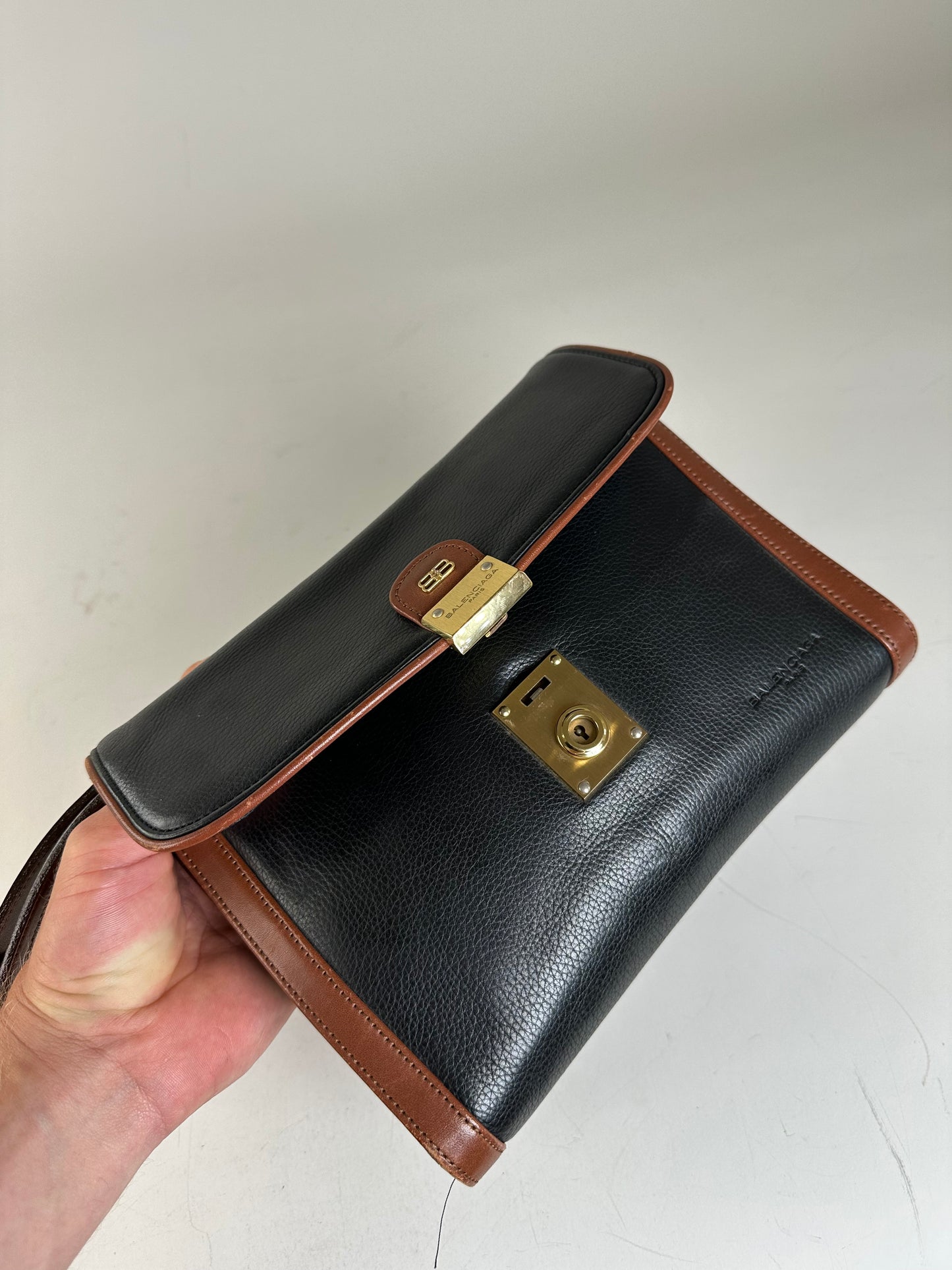 Vintage Balenciaga Pebbled Leather Shoulder Bag Black Brown