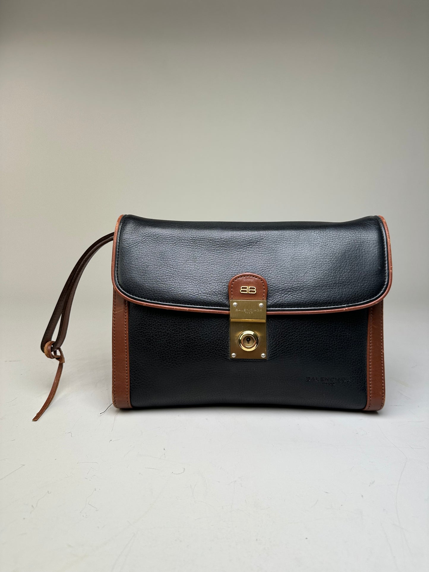 Vintage Balenciaga Pebbled Leather Shoulder Bag Black Brown