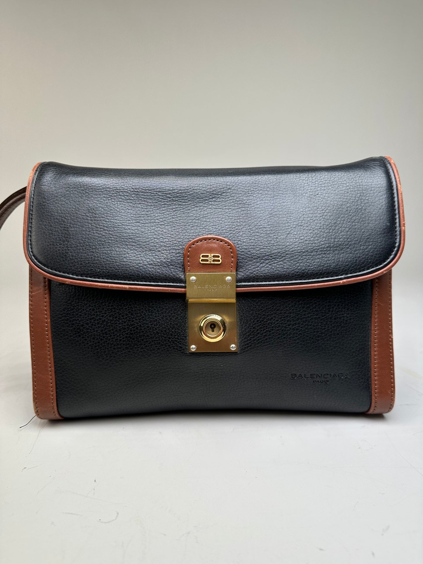 Vintage Balenciaga Pebbled Leather Shoulder Bag Black Brown