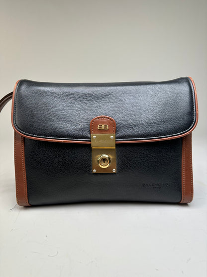 Vintage Balenciaga Pebbled Leather Shoulder Bag Black Brown