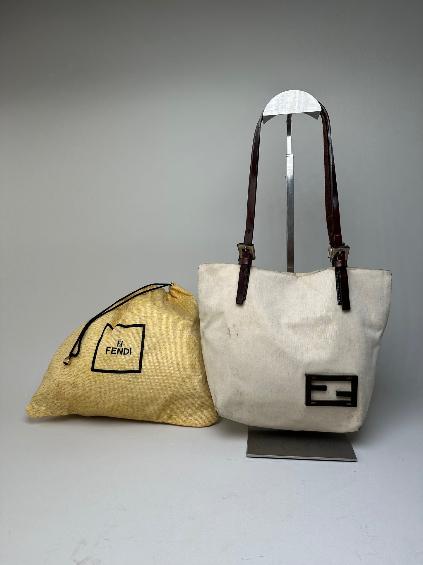 Vintage Fendi Canvas Tote Bag Cream Brown Gold