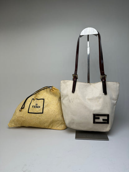 Vintage Fendi Canvas Tote Bag Cream Brown Gold