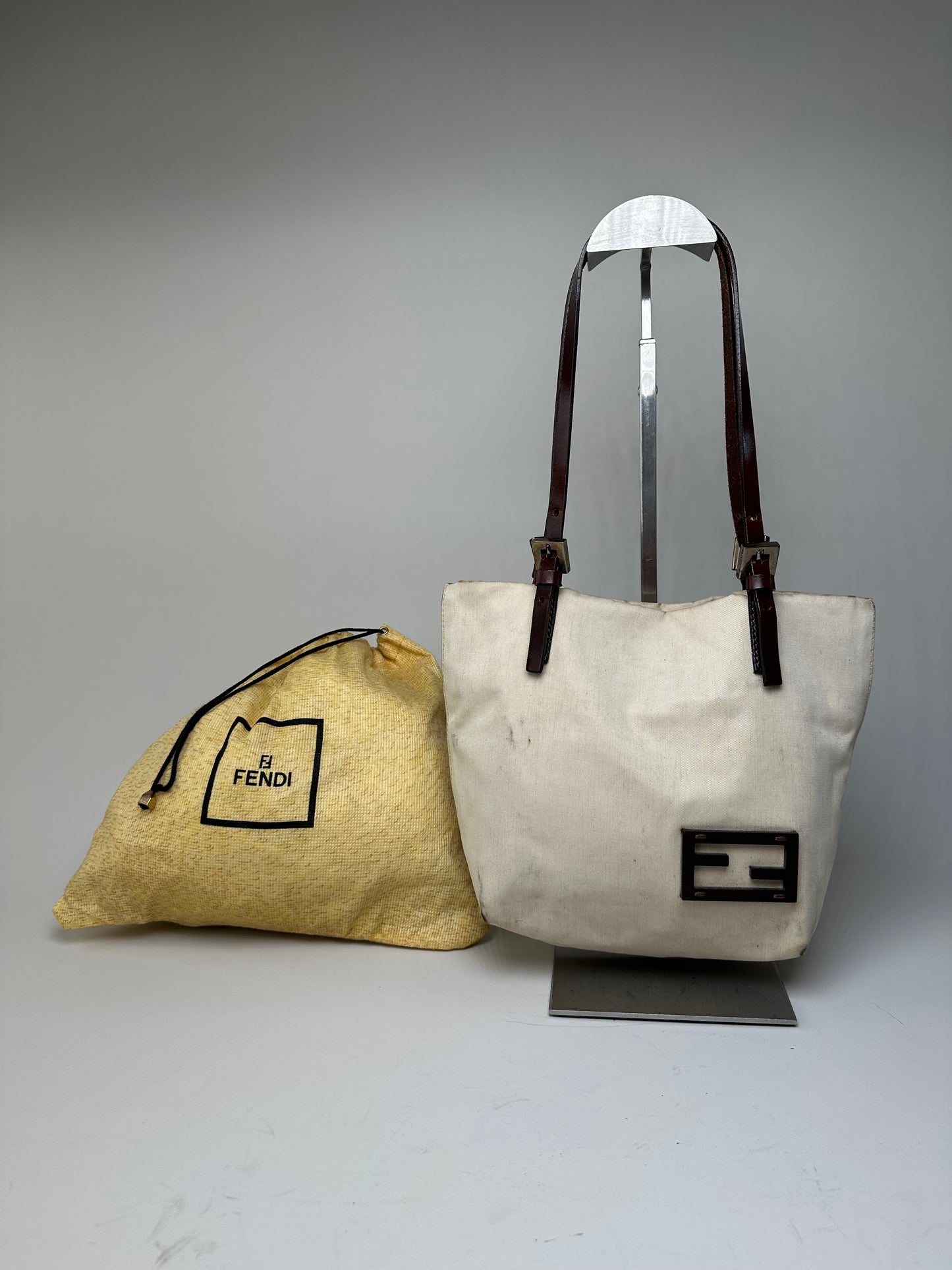 Vintage Fendi Canvas Tote Bag Cream Brown Gold