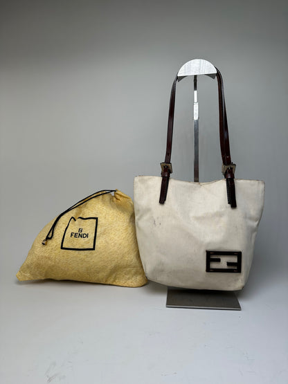 Vintage Fendi Canvas Tote Bag Cream Brown Gold