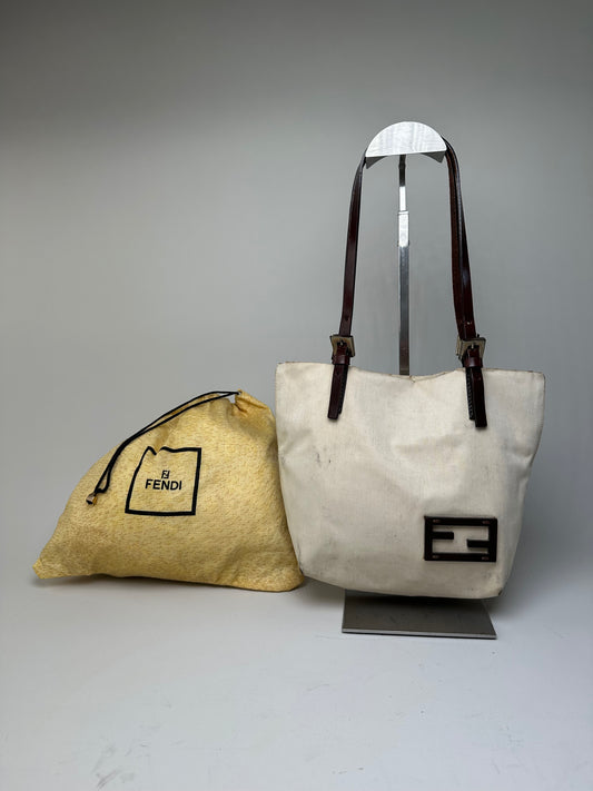 Vintage Fendi Canvas Tote Bag Cream Brown Gold