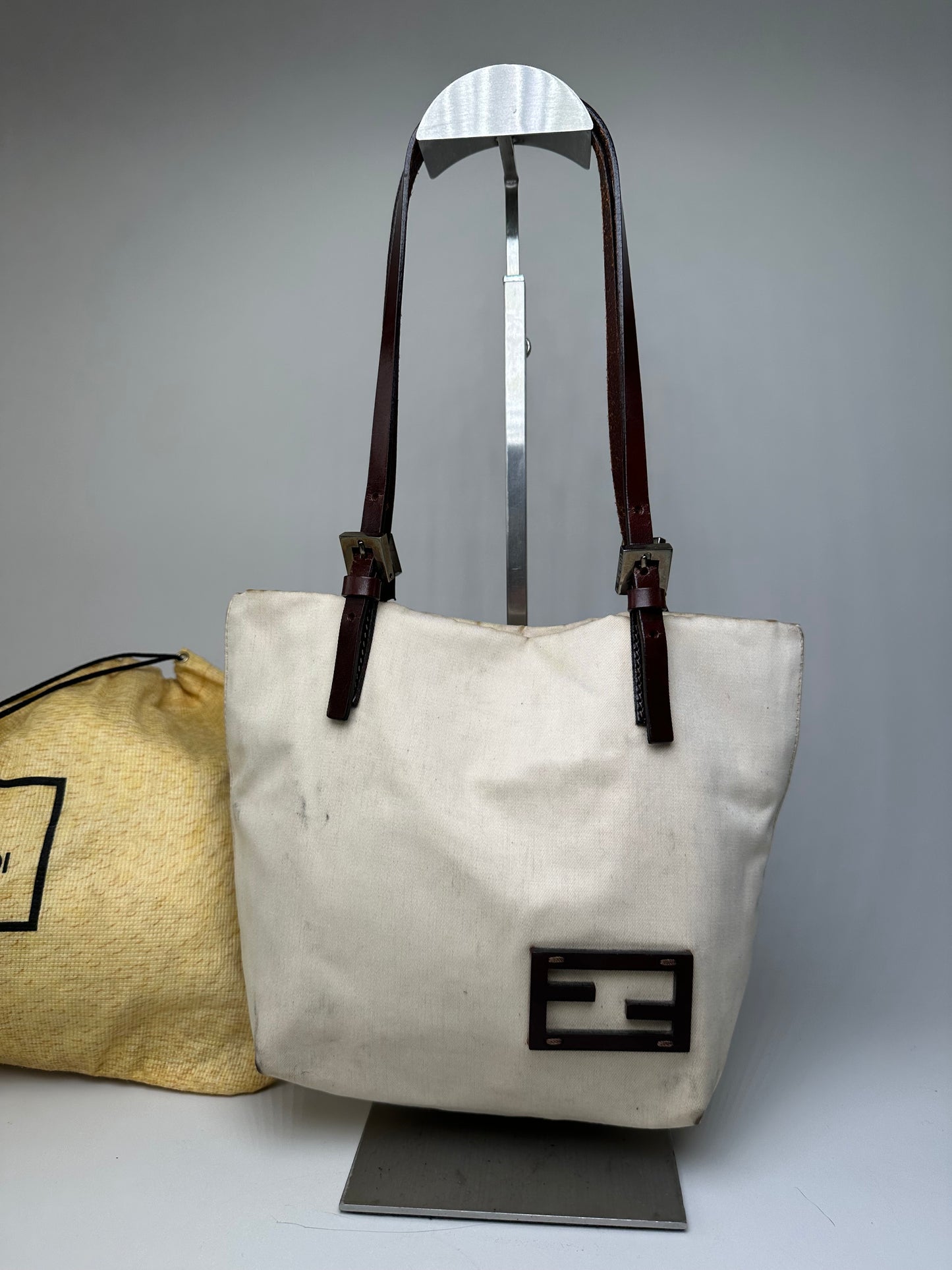 Vintage Fendi Canvas Tote Bag Cream Brown Gold