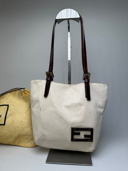 Vintage Fendi Canvas Tote Bag Cream Brown Gold