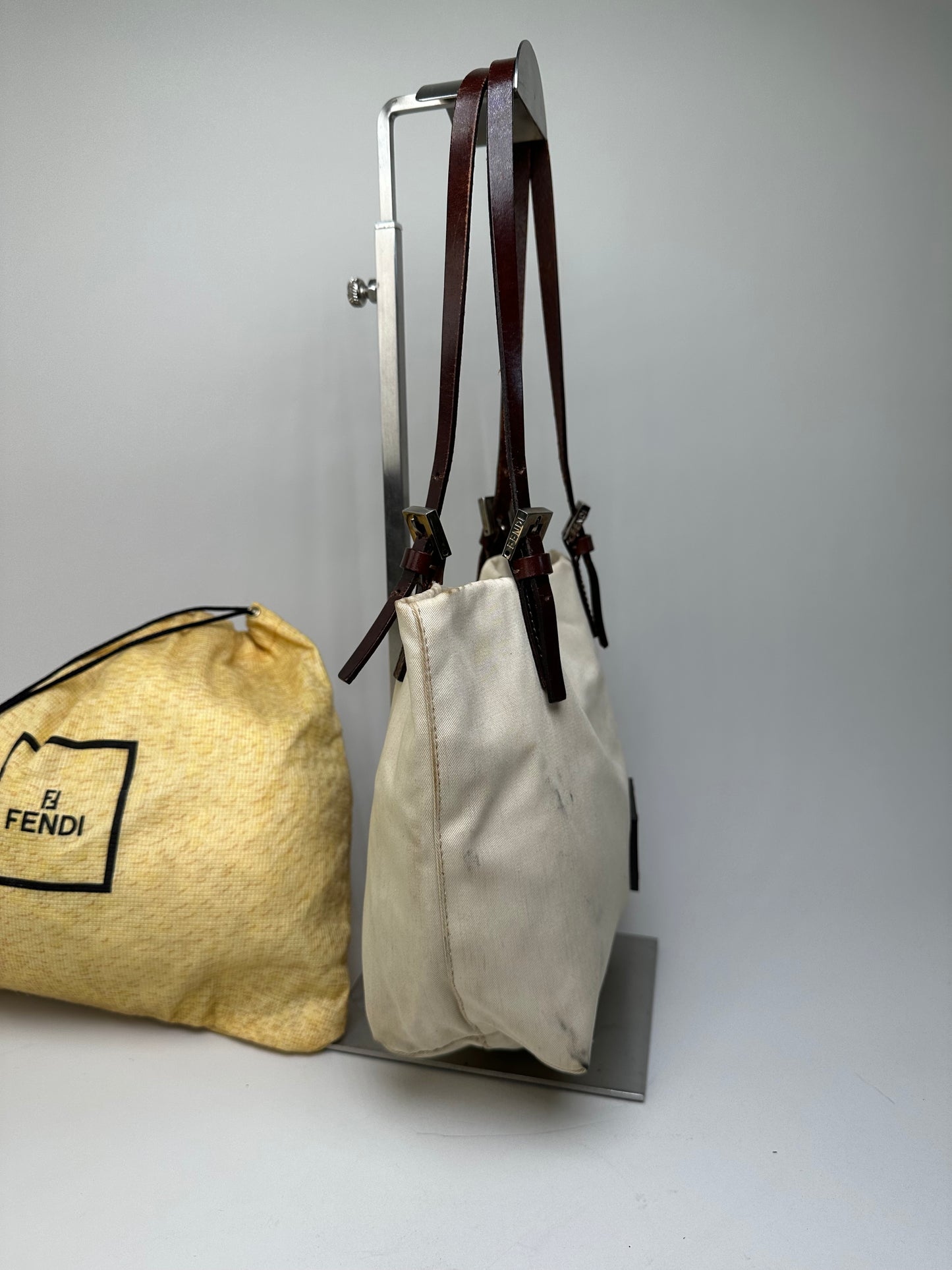 Vintage Fendi Canvas Tote Bag Cream Brown Gold
