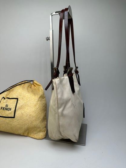 Vintage Fendi Canvas Tote Bag Cream Brown Gold