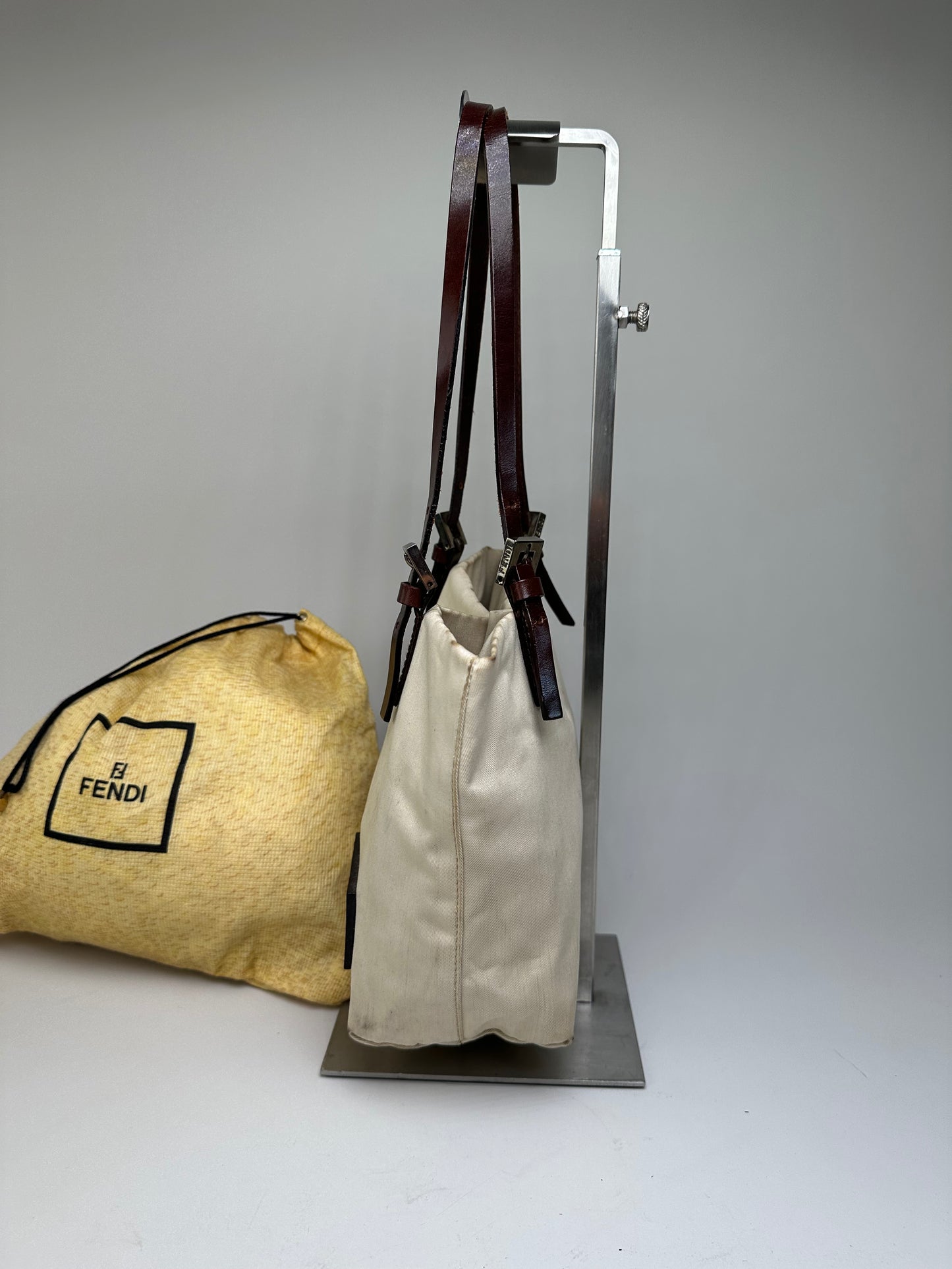 Vintage Fendi Canvas Tote Bag Cream Brown Gold