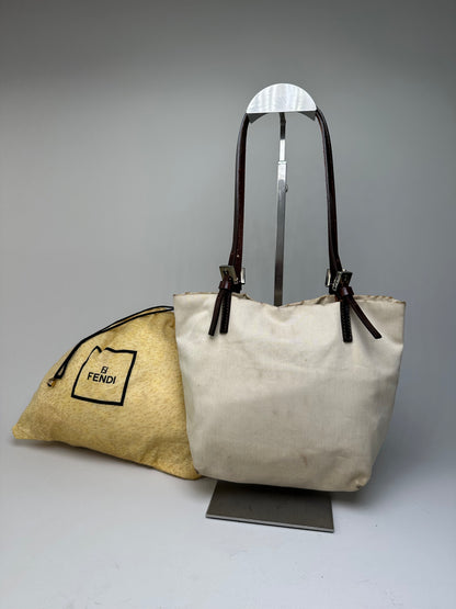 Vintage Fendi Canvas Tote Bag Cream Brown Gold
