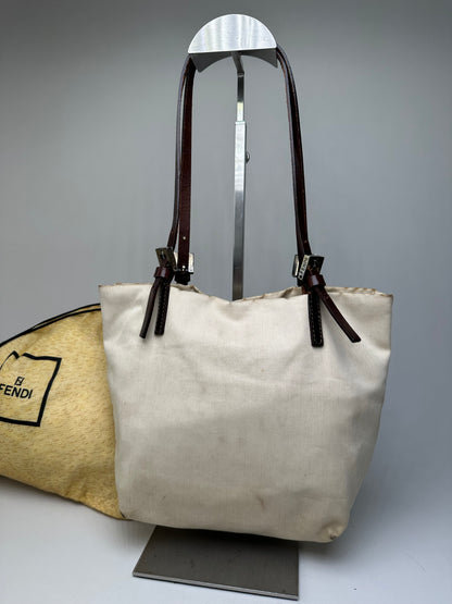 Vintage Fendi Canvas Tote Bag Cream Brown Gold