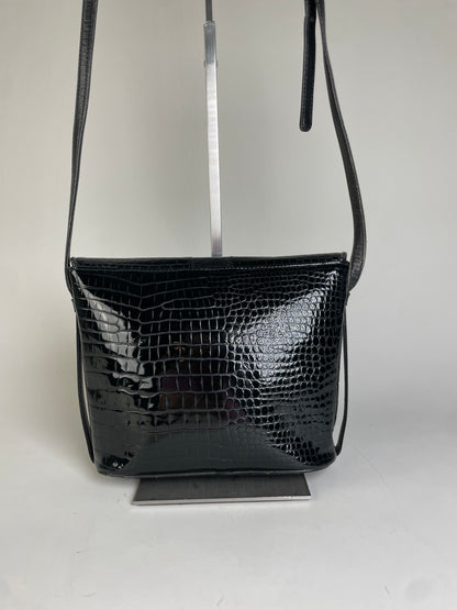 Vintage Courreges Croc-Embossed Leather Crossbody Bag Black