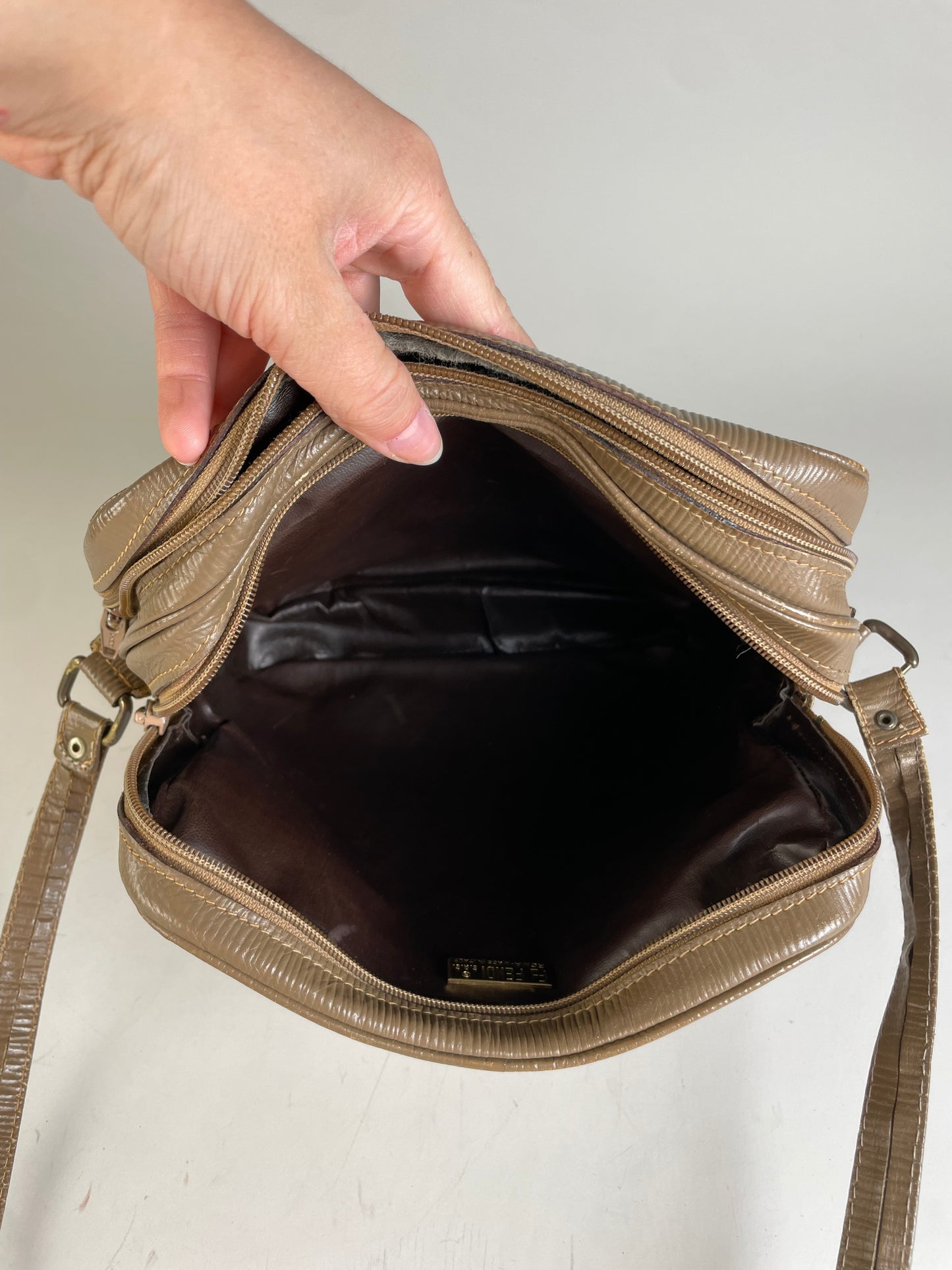 Vintage Fendi FF Monogram Coated Canvas Crossbody Bag Tan Brown