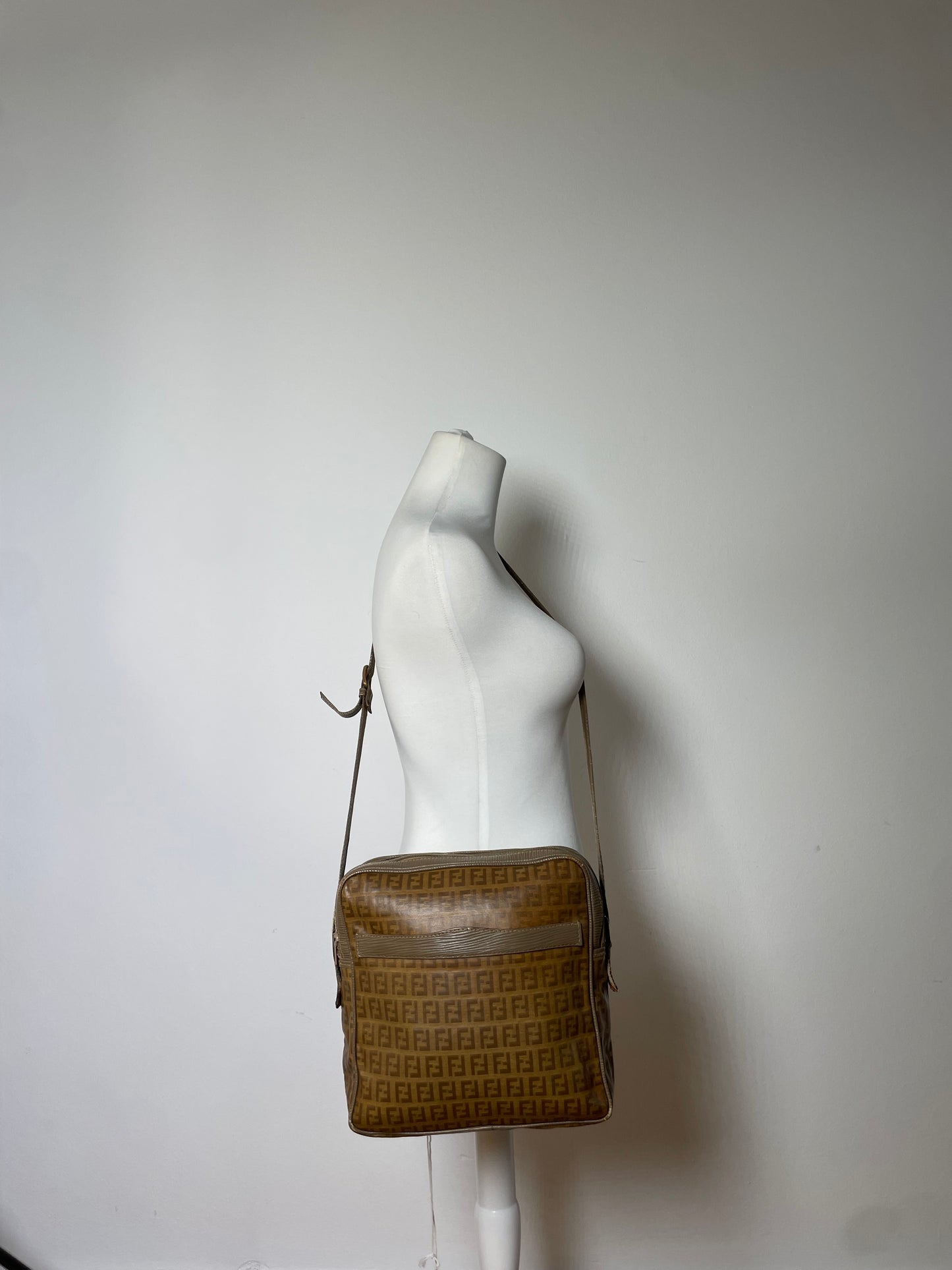 Vintage Fendi FF Monogram Coated Canvas Crossbody Bag Tan Brown