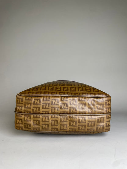 Vintage Fendi FF Monogram Coated Canvas Crossbody Bag Tan Brown