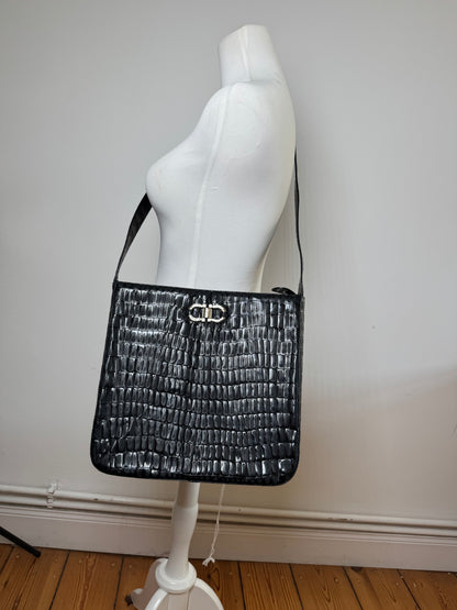 Vintage Salvatore Ferragamo Crocodile Emblossed Leather Bag Black