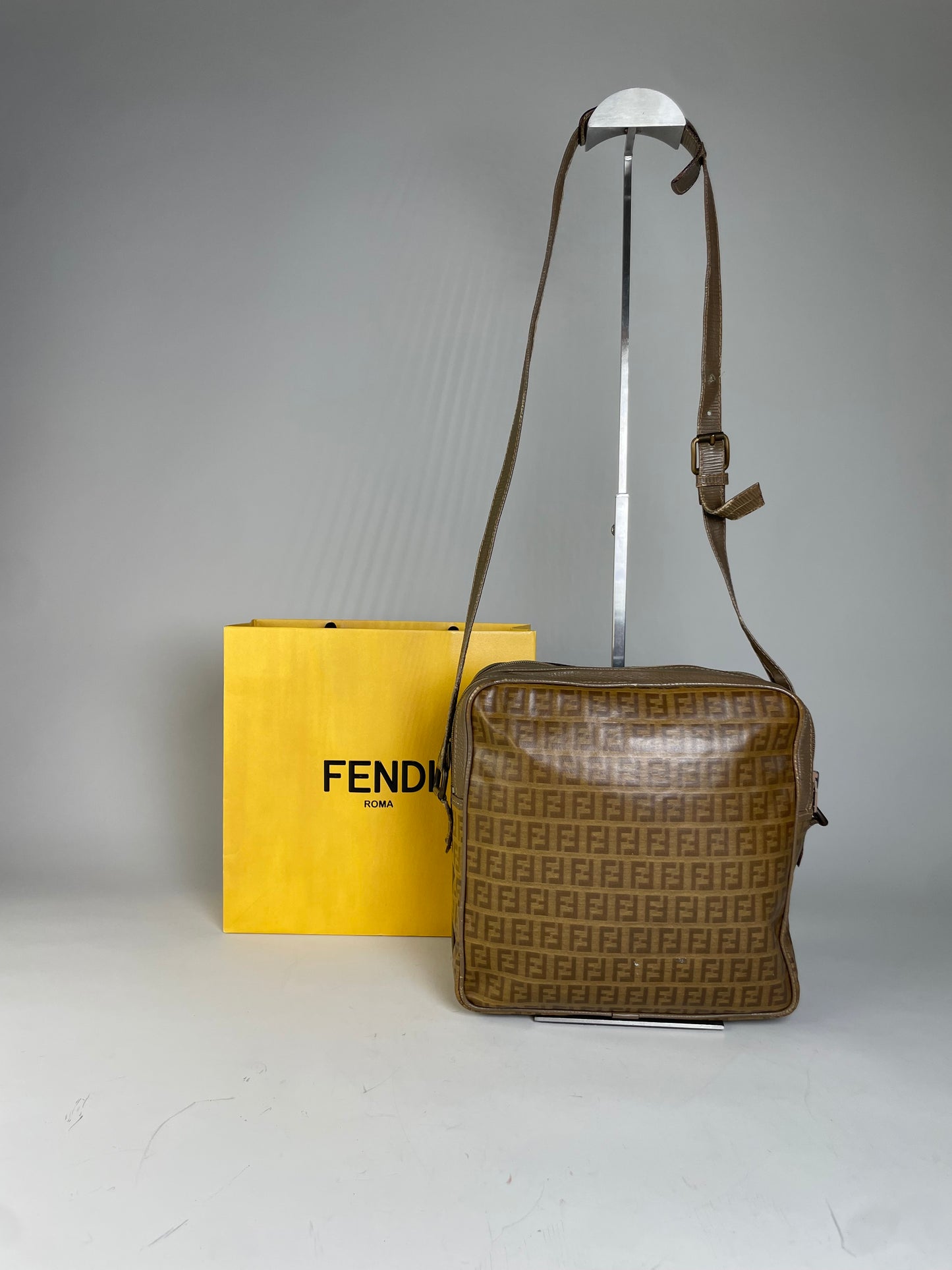 Vintage Fendi FF Monogram Coated Canvas Crossbody Bag Tan Brown