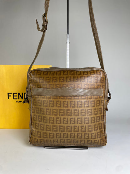 Vintage Fendi FF Monogram Coated Canvas Crossbody Bag Tan Brown