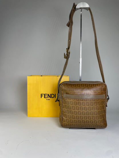 Vintage Fendi FF Monogram Coated Canvas Crossbody Bag Tan Brown