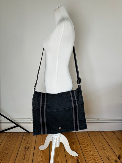 Vintage Hermes Canvas Messenger Bag Black Grey