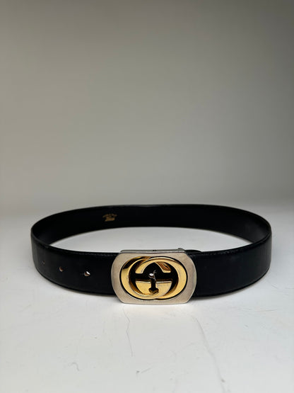 Vintage Gucci GG Logo Leather Belt Black Gold Silver