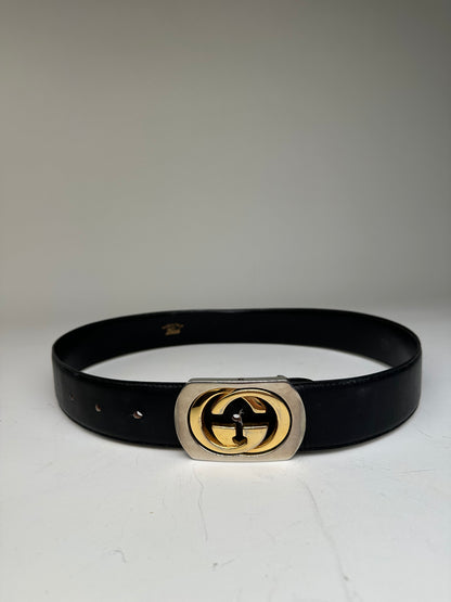 Vintage Gucci GG Logo Leather Belt Black Gold Silver
