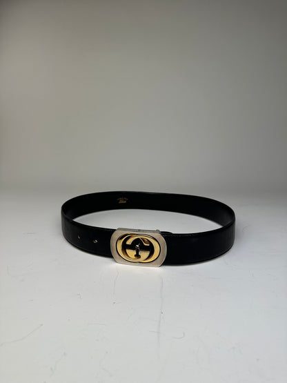 Vintage Gucci GG Logo Leather Belt Black Gold Silver