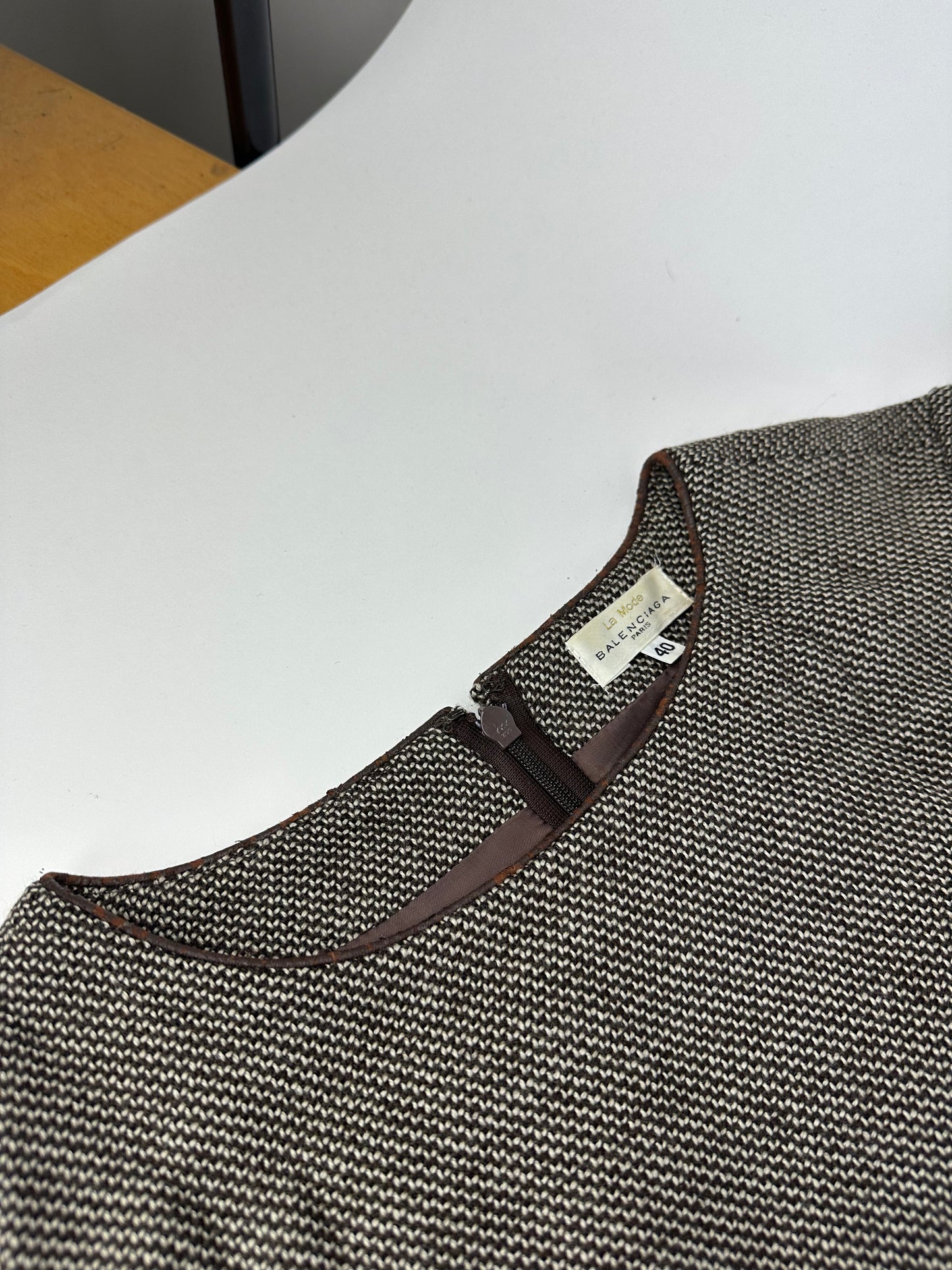 Vintage Balenciaga Wool Dress Black White Brown