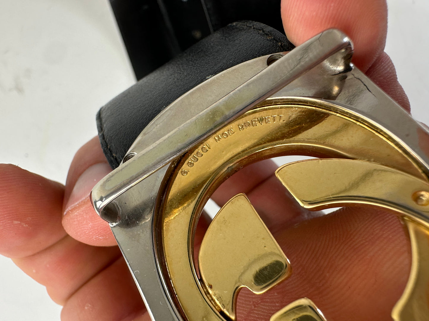Vintage Gucci GG Logo Leather Belt Black Gold Silver