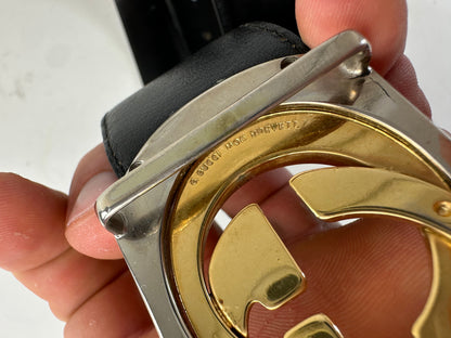 Vintage Gucci GG Logo Leather Belt Black Gold Silver