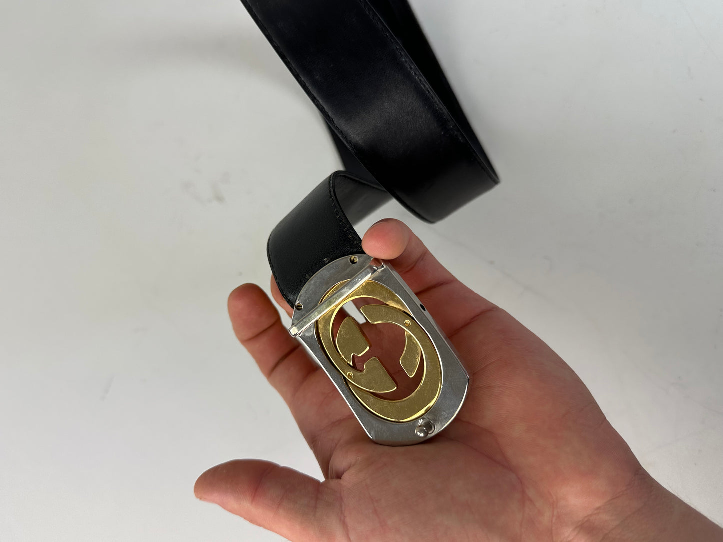 Vintage Gucci GG Logo Leather Belt Black Gold Silver
