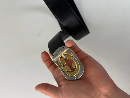 Vintage Gucci GG Logo Leather Belt Black Gold Silver
