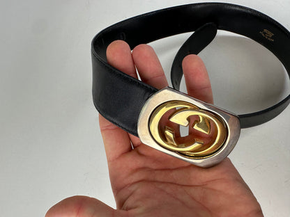 Vintage Gucci GG Logo Leather Belt Black Gold Silver