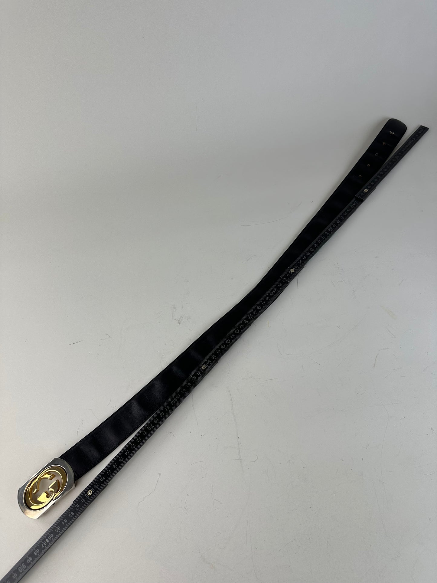 Vintage Gucci GG Logo Leather Belt Black Gold Silver