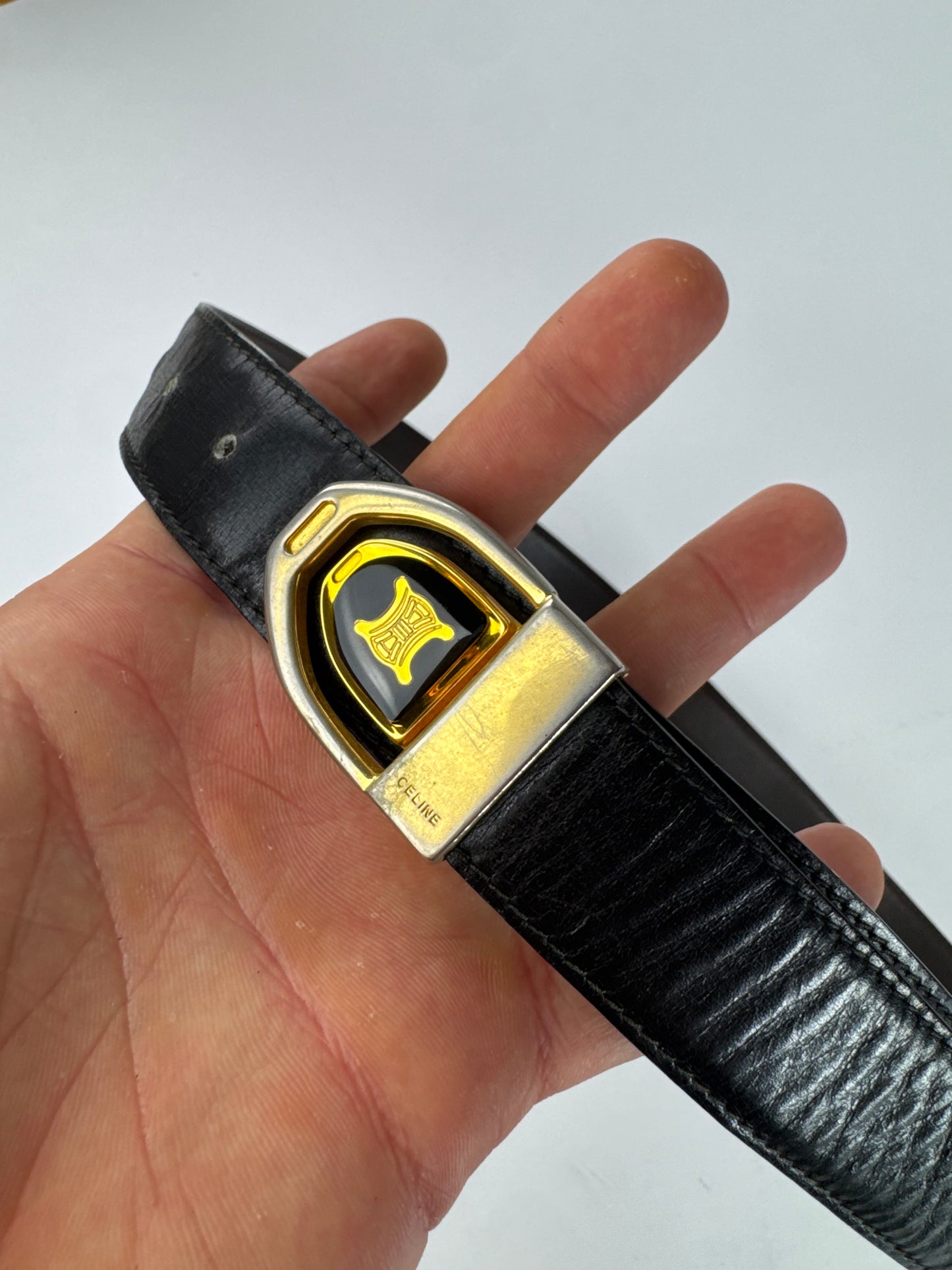 Vintage Celine Paris Triomphe Leather Belt Black