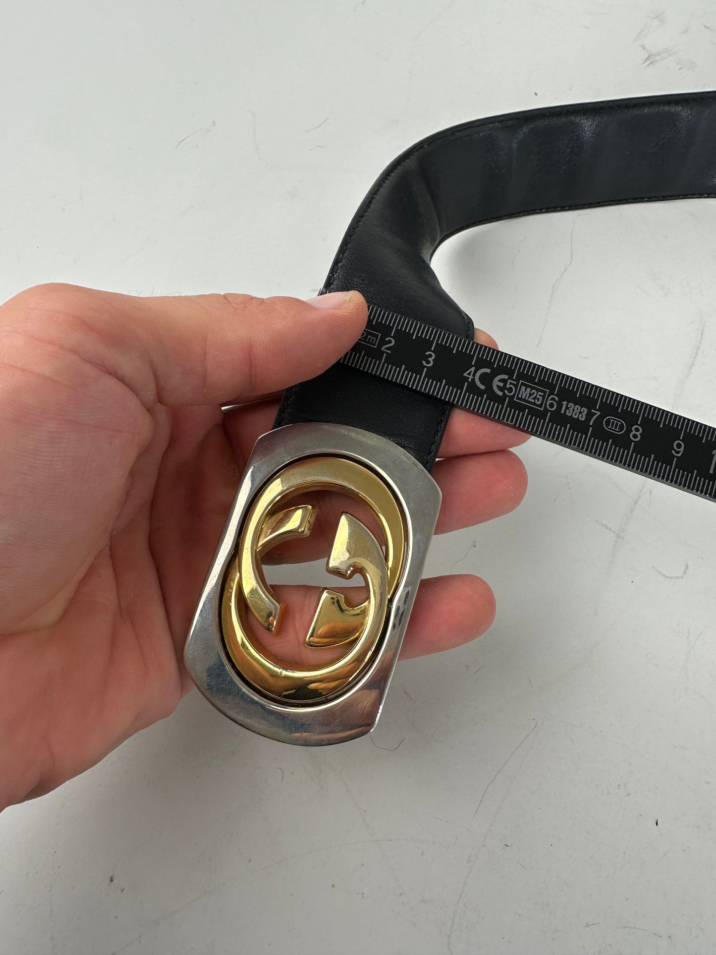 Vintage Gucci GG Logo Leather Belt Black Gold Silver