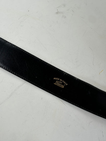 Vintage Gucci GG Logo Leather Belt Black Gold Silver