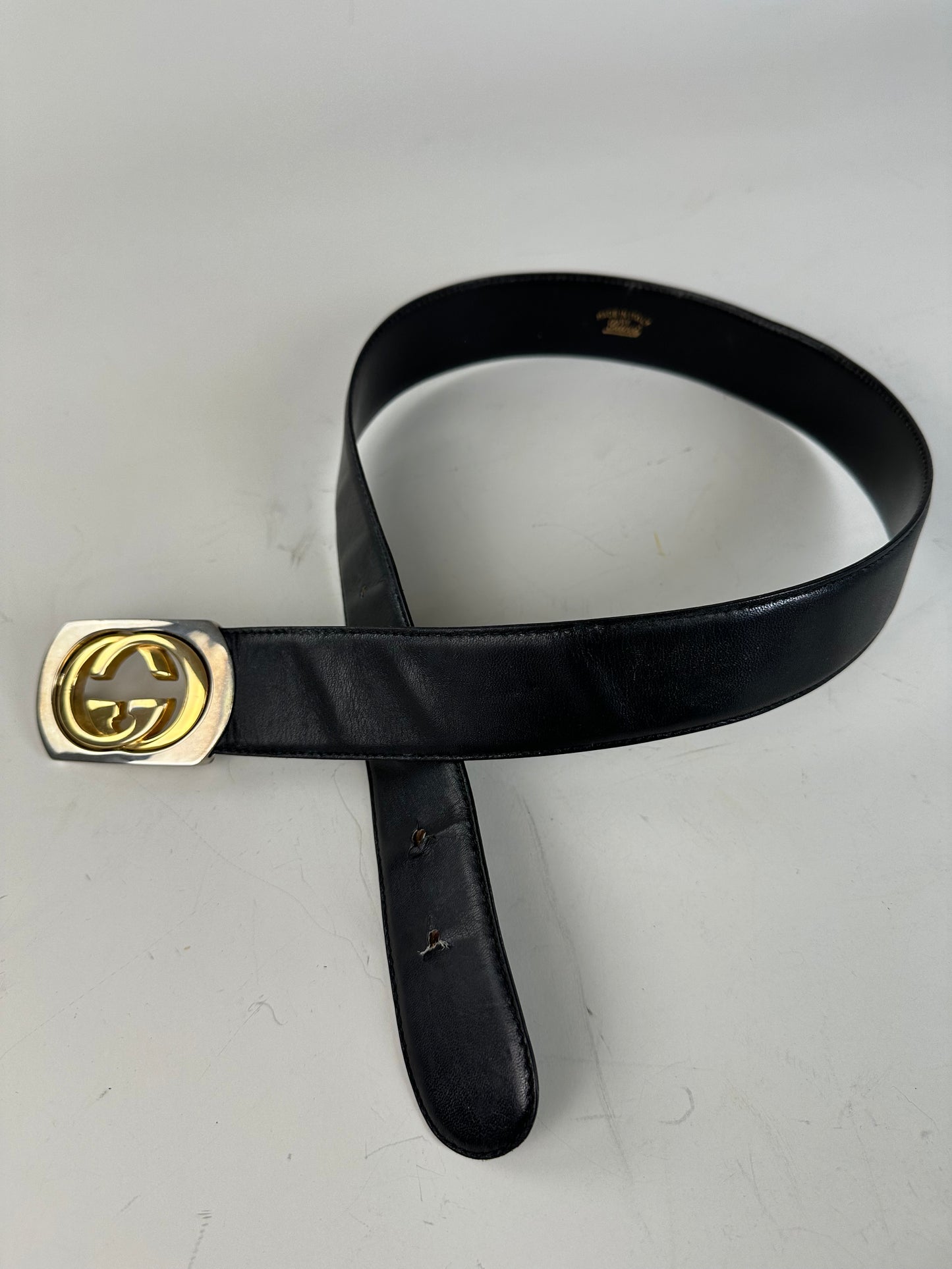 Vintage Gucci GG Logo Leather Belt Black Gold Silver