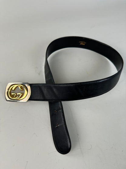 Vintage Gucci GG Logo Leather Belt Black Gold Silver