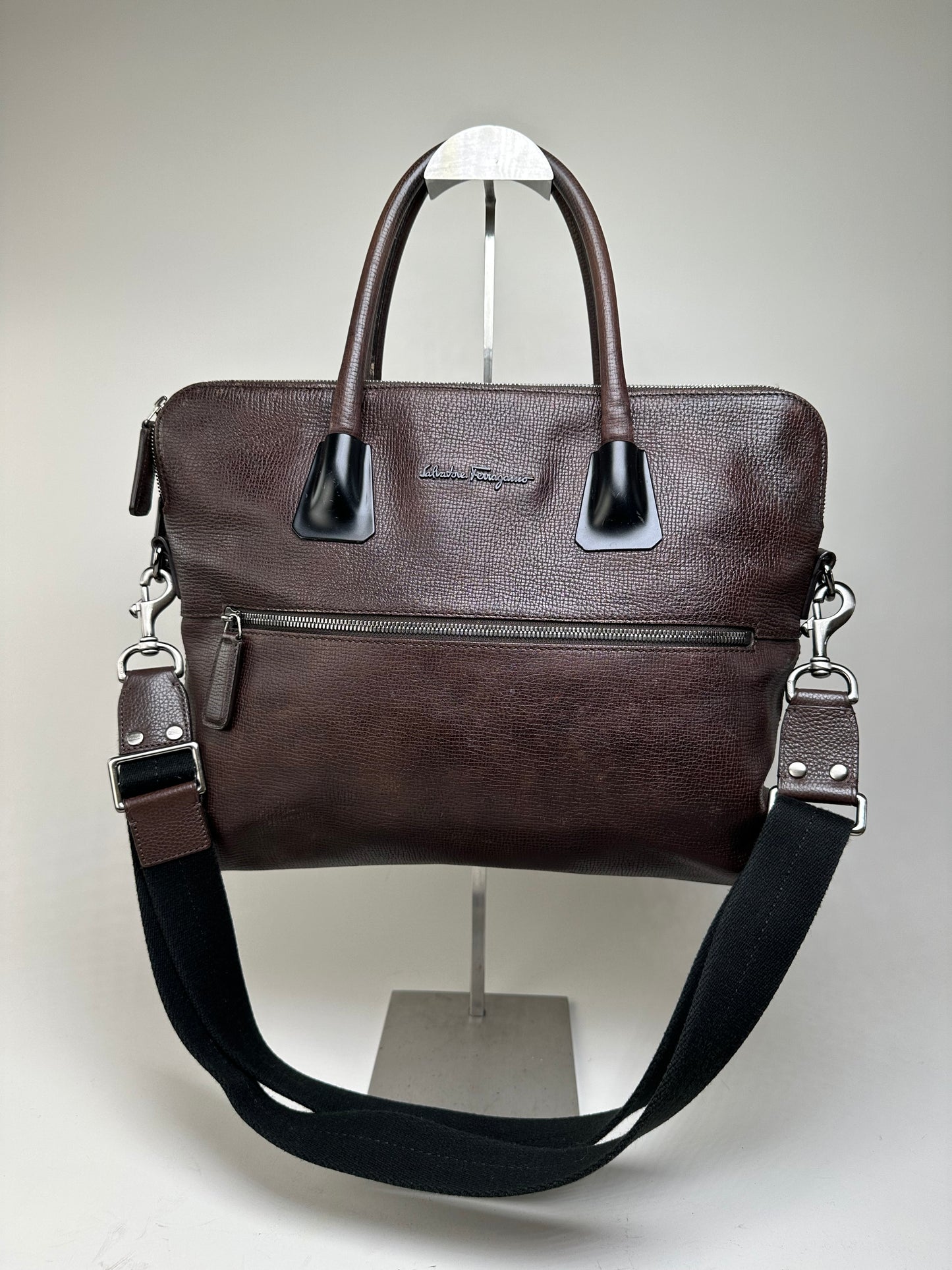 Vintage Ferragamo Textured Leather Tote Dark Brown Silver