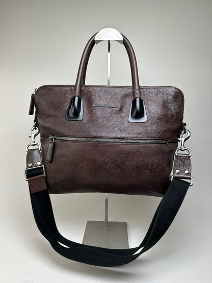 Vintage Ferragamo Textured Leather Tote Dark Brown Silver