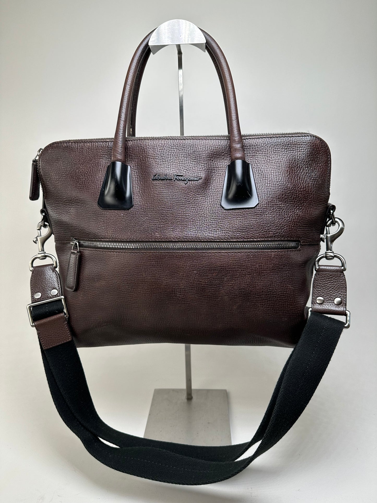 Vintage Ferragamo Textured Leather Tote Dark Brown Silver