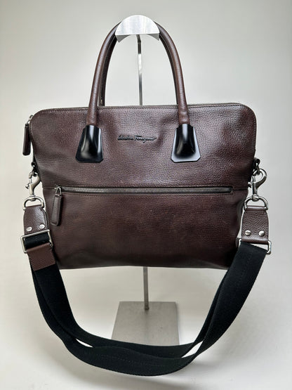 Vintage Ferragamo Textured Leather Tote Dark Brown Silver