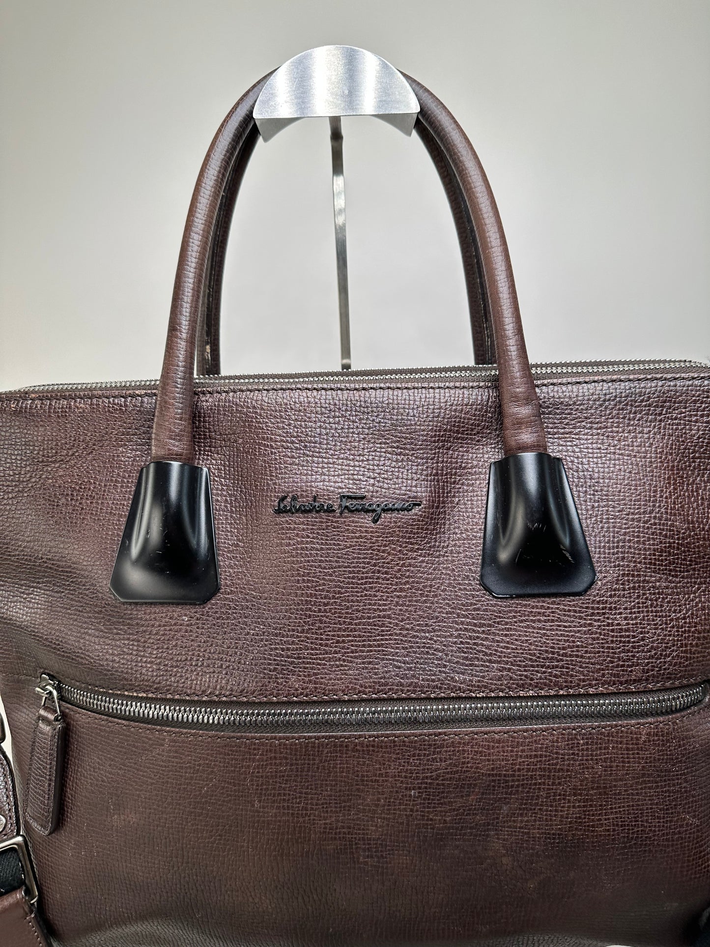Vintage Ferragamo Textured Leather Tote Dark Brown Silver