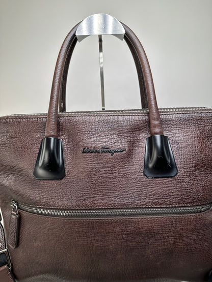Vintage Ferragamo Textured Leather Tote Dark Brown Silver