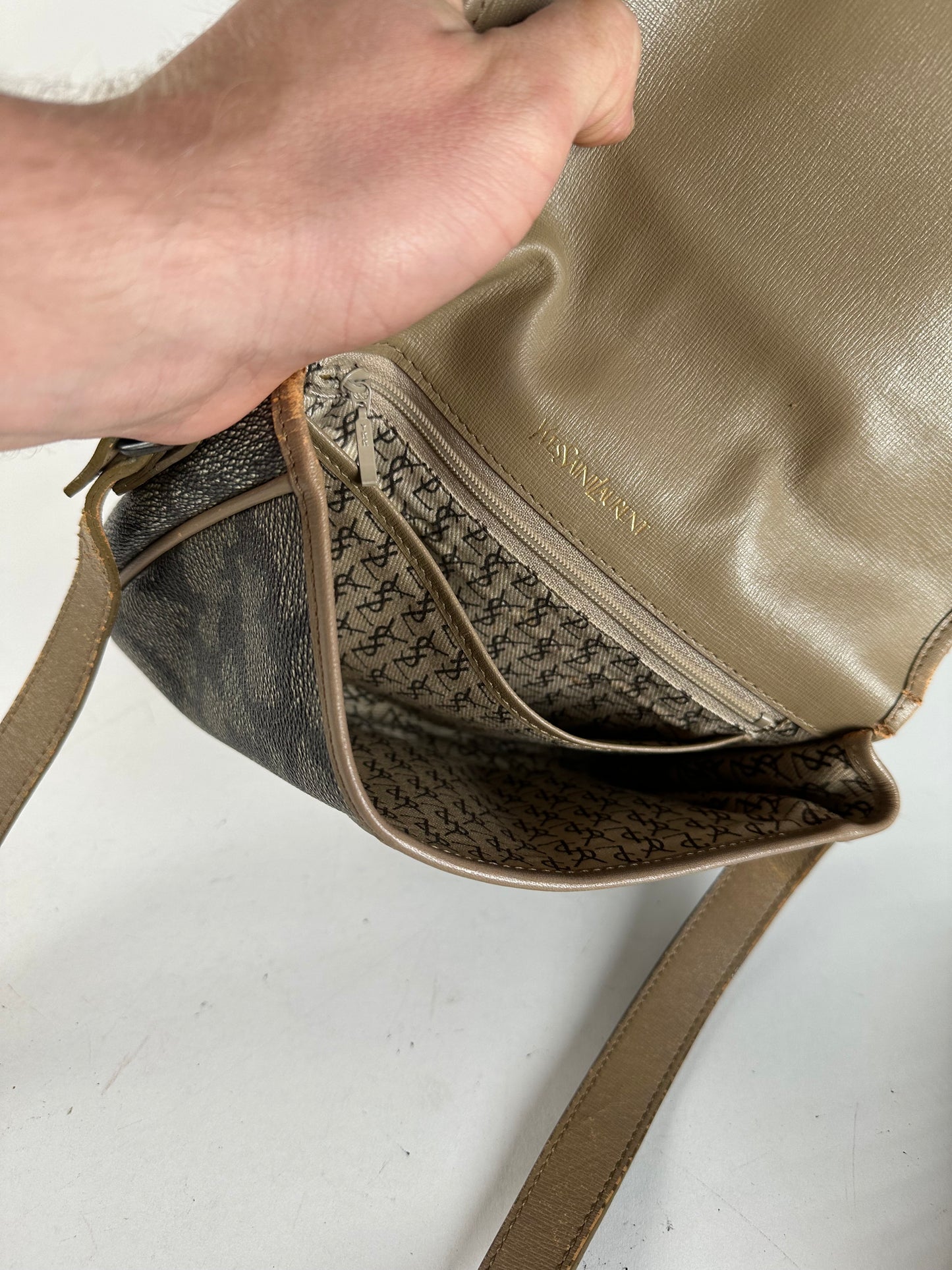 Vintage Yves Saint Laurent Stone Emblossed Leather Crossbody / Shoulder Bag Black Brown Grey