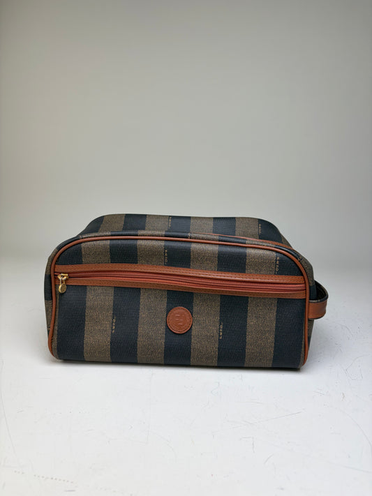 Vintage Fendi Canvas Cosmetic Bag Navy Brown Beige Gold
